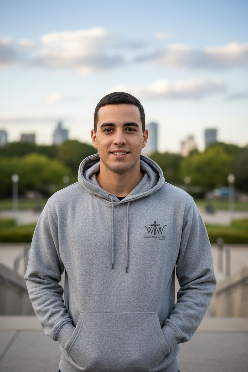 Be Strong and Courageous Hoodie grå bakside