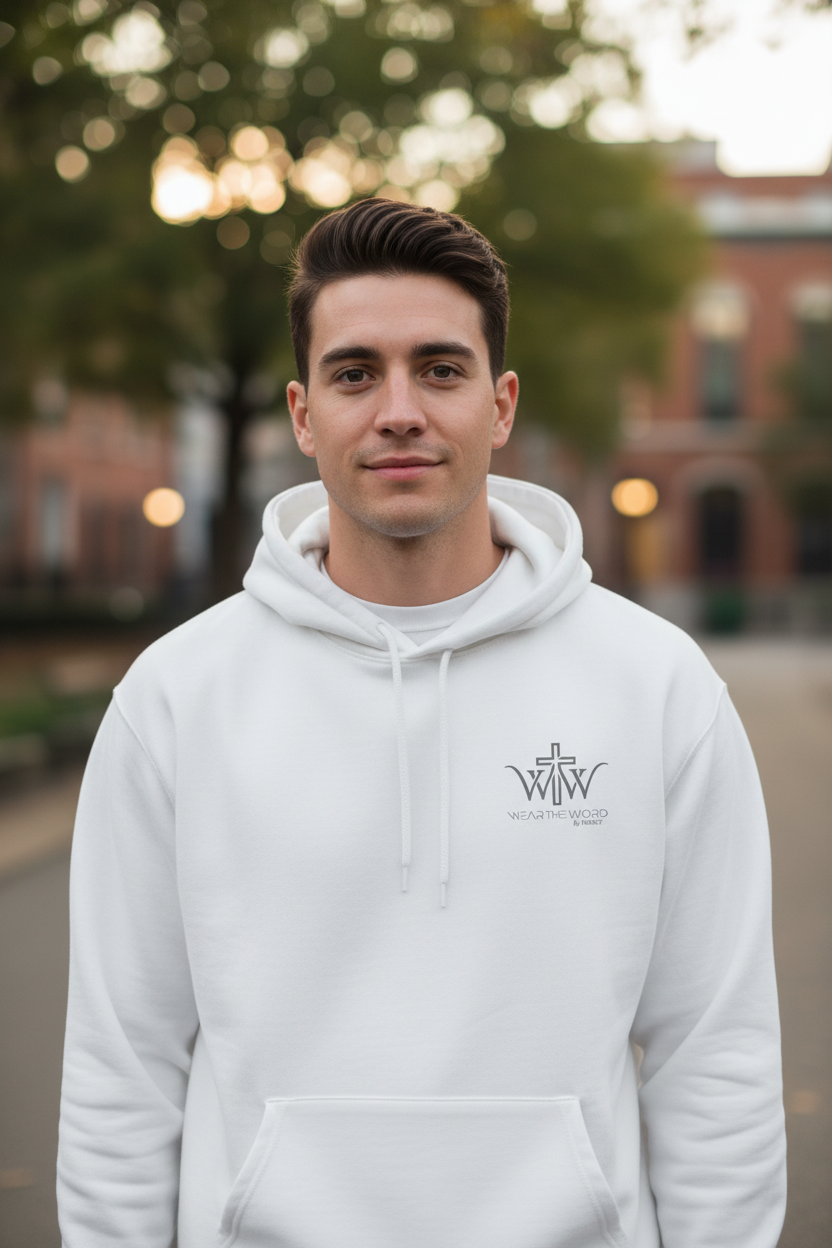 Be Strong and Courageous Hoodie hvit forside