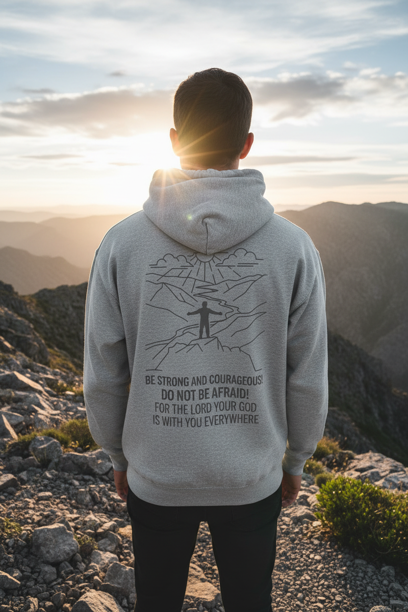 Be Strong and Courageous Hoodie grå bakside